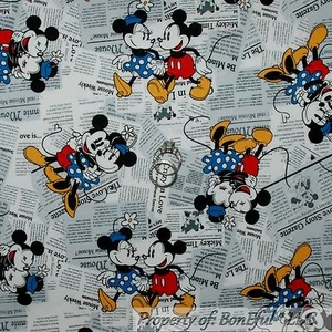 BonEful Fabric FQ Cotton Quilt B&W Red Dot Minnie Mickey Mouse Disney Newspaper - Picture 1 of 14