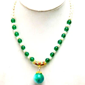 6-7mm Round Natural White Pearl necklace for Women 20mm Round Green Jade Pendant - Picture 1 of 5