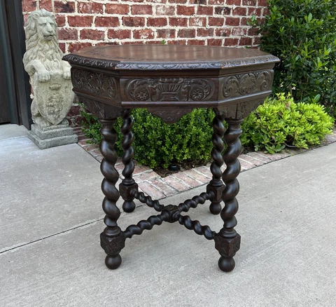 Antique French Table BARLEY TWIST Octagonal Renaissance Revival Oak Carved 19thC Cover