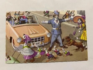 Vintage Alfred Mainzer Katzen Kätzchen Farbdruck Postkarte Belgien 4877 Duck Crossing - Bild 1 von 2