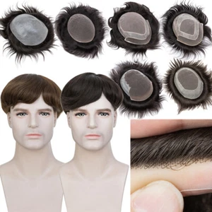 Men's Toupee Hairpiece Durable Fine Mono/Lace/Skin PU Real Remy Human Hair Wig - Picture 1 of 18