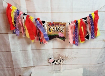 Баннер и украшение для торта фермерские животные / корова стульчик ~ 1-й день рождения - многоцветный - Изображение 1 из 3