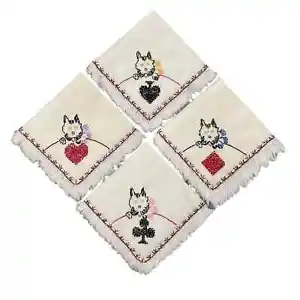 Scottie Dog Handkerchiefs Napkins Table Toppers Hand Stitched Vintage Set of 4 - Picture 1 of 10