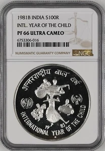 INDIA 100 Rupees 1981 Silver NGC PF66 UC UNICEF Year of The Child - Picture 1 of 4
