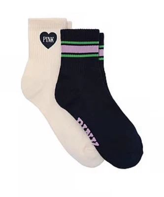 PINK Victoria's Secret Socks Womens One Size Navy Cream 2-Pack Quarter Striped - Image 1 of 4