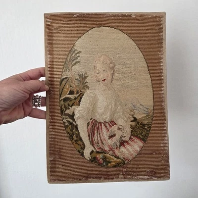 Broderie Ancienne Petit Point Napoléon III Portrait Jeune Femme XIXè - Photo 1/4