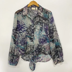 Chico’s Damen Top groß lila transparent metallic Blumendruck vorne zum Binden künstlerisch - Bild 1 von 12
