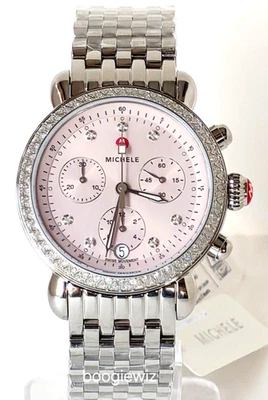 MICHELE SWISS CHRONO DIAMOND BEZEL  STAINESS WATCH, MWW03C000521, NEW IN BOX - Image 1 of 4