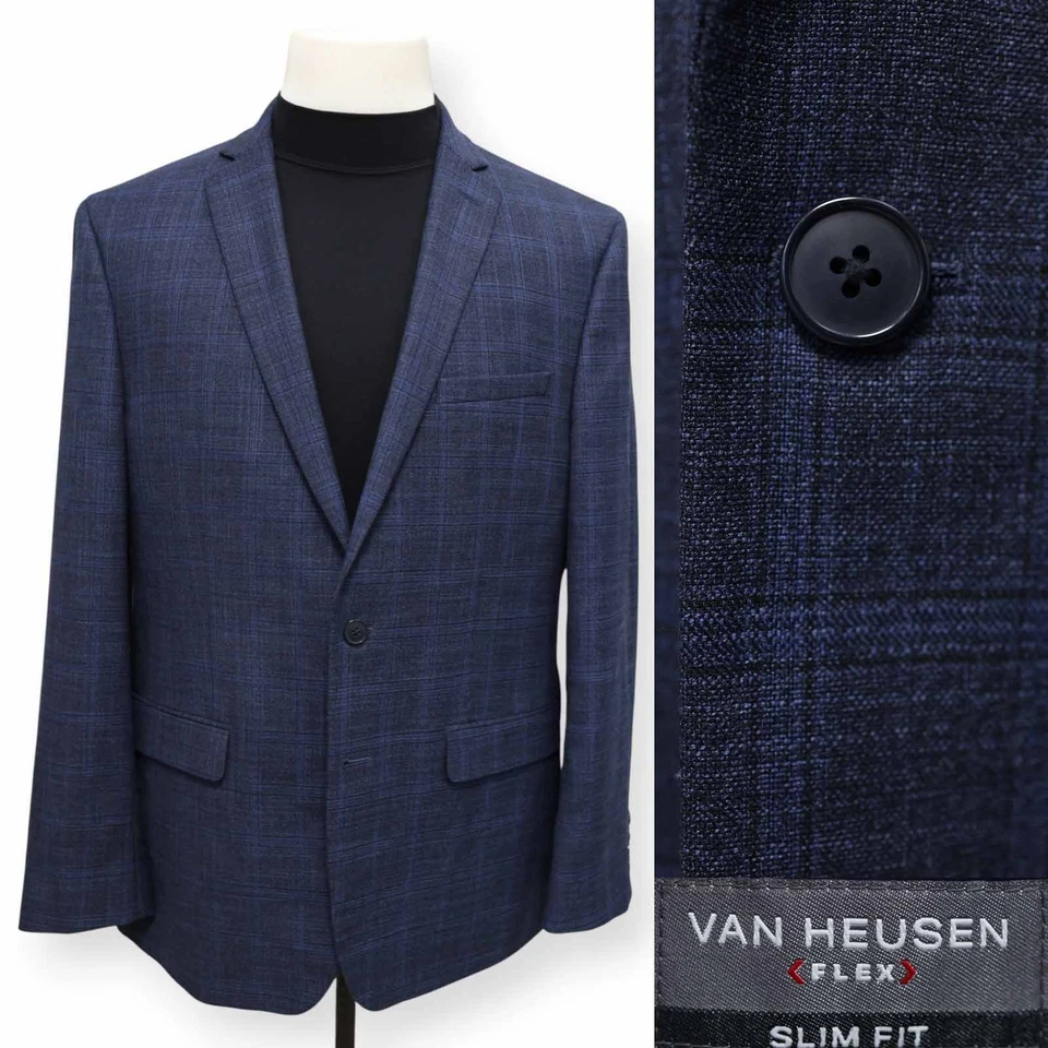 VAN HEUSEN mens blue plaid sport coat suit jacket blazer SLIM FIT 44 R - Image 1 of 4