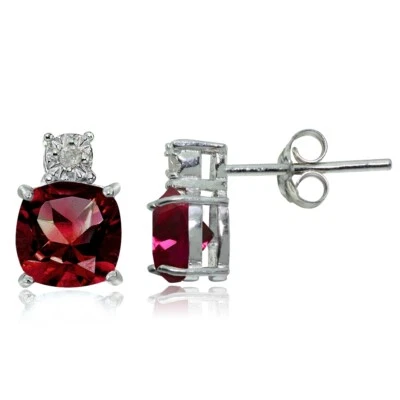 Sterling Silver Created Ruby and Diamond Accent Cushion-cut Drop Stud Earrings - Image 1 of 3