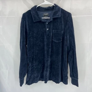 Todd Snyder Men L Velour Polo Shirt Velvet Navy Blue Long Sleeve Soft Everyday - Picture 1 of 9