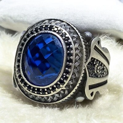 Anel masculino turco de prata esterlina 925 azul laboratório cor safira pedra preciosa - Imagem 1 de 4