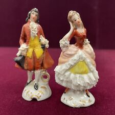 1700s Courting Couple - 2 Porcelain 3" Figurines - Dresden Lace? - VG