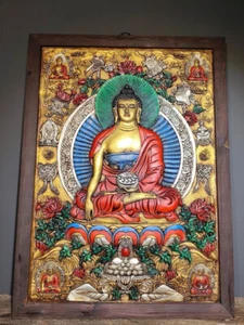 29.9" Old Chinese Bronze Statue Tibetan Buddhism Shakyamuni Tangka Wall Hang - Picture 1 of 8