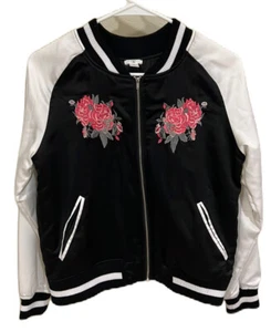 bp Girl Jacket Bomber Varsity Style Black White with Flowers SMALL - Picture 1 of 9