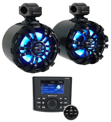 Rockville RGHR45 4 Zone Marine Receiver w/Bluetooth+(2) Black LED Tower Speakers - Image 1 of 4