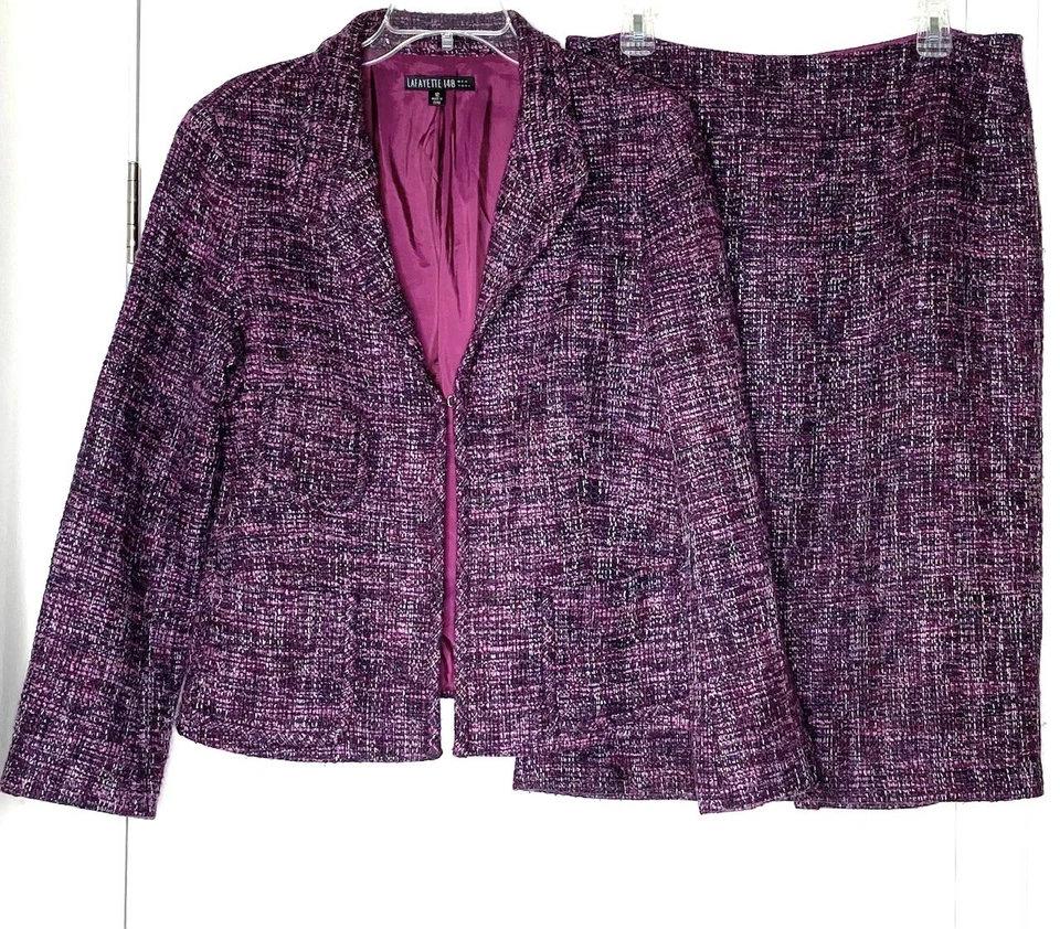 LAFAYETTE 148 2PC Pink Purple Tweed Wool Acrylic Jacket + Skirt Suit Set 12 = L - Image 1 of 4