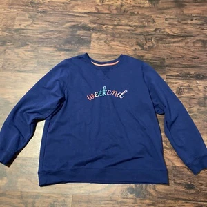 St Johns Bay Sweatshirt Sz XXL Weekend Graphic Navy Blue Jersey Womens Pullover - Picture 1 of 3