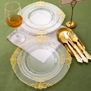 Clear & Gold 100PCS Heavyweight Disposable Plates - 50PCS 10.25" Dinner & 50PCS - Picture 1 of 8