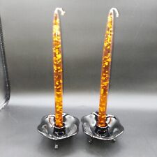 11" Pair Of Lucite Candle Sticks amber orange gold flecks fall Halloween