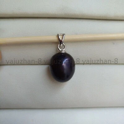 Huge Natural AAAA 10x12mm Tahitian Black Pearl Pendant 14K White Gold Plated - Image 1 of 4