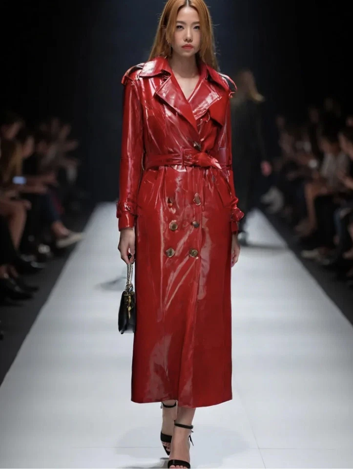 Chaqueta gabardina de cuero vegano charol brillante para pasarela ROJA M US6-8 Foto 1 de 4