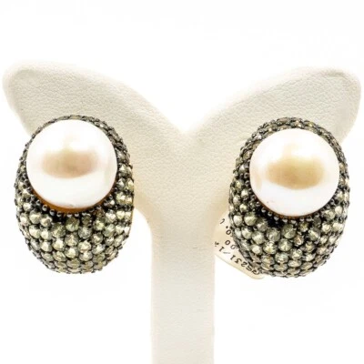 12.32ct Natural Real Green Sapphire and pearl Earring 925 Sliver in Gold Plated - Image 1 of 4