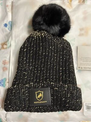 Love Your Melon Harry Potter Hufflepuff Black Metallic Gold Pom Beanie NIP - Image 1 of 4