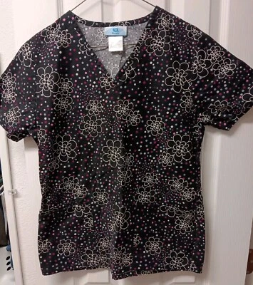 Blusa Médica SB, Negra con Lunares de Colores, Flores 100% Algodón Talla XS - USADA EN EXCELENTE ESTADO Foto 1 de 4
