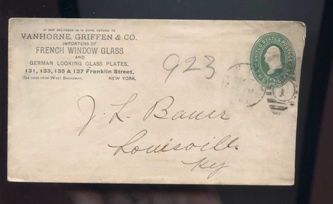 US  Advertising Cover (French Window Glass) 1889 NY, NY to Louisville, KY Cover