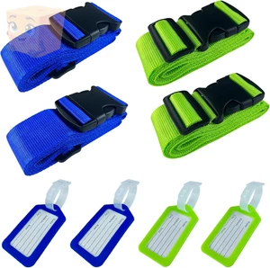 4x Koffergurt + 4x Gepäckanhänger Set Einstellbar Kreuzgurt mit Adressschild - Bild 1 von 7