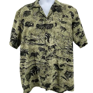 Via Ripatti Designs SS Shirt Mens L Green  Safari Cave Art USA Vintage - Picture 1 of 9