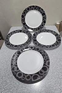 4er Set PIER 1 ECLIPSE 11" SPEISETELLER schwarzer Rand weiße Kreise - Bild 1 von 11