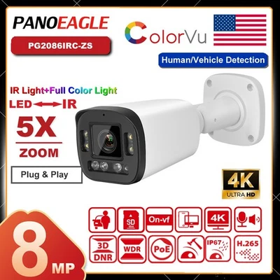 Panoeagle 4K 8MP 5X Zoom Bullet Security IP Camera Full Color+IR Two Way Audio