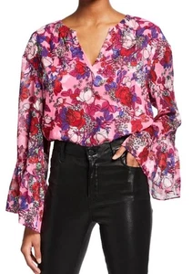 Tanya Taylor Harper V-Ausschnitt rosa Blumen gefüttert Glockenärmel Top Größe Small - Bild 1 von 16