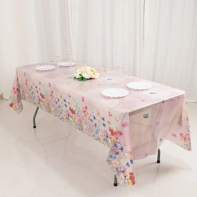 5 BLUSH Rectangular 54" x 108" Plastic Tablecloths with Butterfly Floral Print - Image 1 of 4