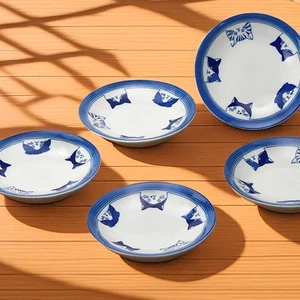 Japanese Cat Print Plate Set of 5 Porcelain Salad Dessert Dishes Neko 6.5" Japan - Picture 1 of 2