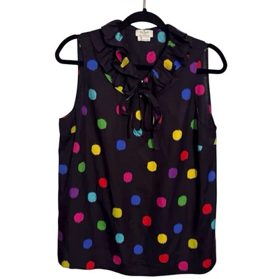 Blusa Top Kate Spade Talla Grande Colorida Lunares Volantes Sin Mangas Mezcla Seda Foto 1 de 4
