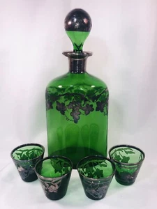 Bohemian Smaragd Grün Silber Intarsien Kunstglas Cordial Set Flasche Gläser - Bild 1 von 12