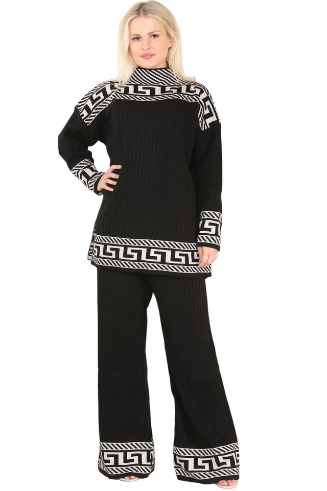Traje informal de 2 piezas para mujer de punto acanalado estampado geométrico cuello alto Foto 1 de 1