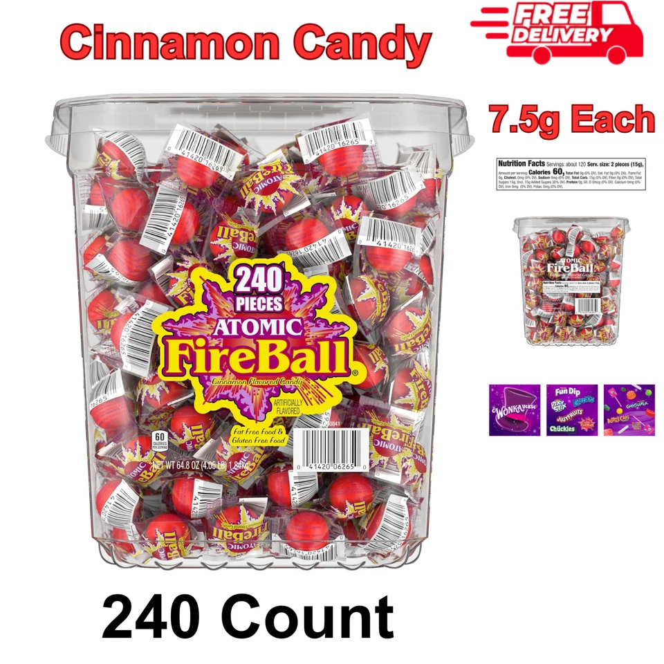 Wonka Atomic Fireball Candy Cinnamon Flavor Individually Wrapped 7.5 G 240 Ct