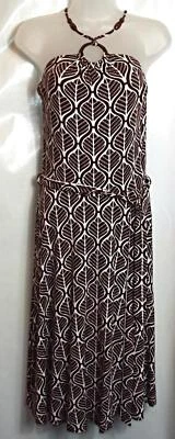 NEW EVIE🌺BROWN & CREAM STRETCH VISCOSE HALTERNECK DRESS 🌺SIZE 10 # 163* - Image 1 of 3