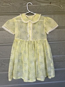 Vintage Sheer Girls Party Dress Yellow floral Roses White Lace - Picture 1 of 14