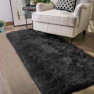 2X8 Runner Rug Black Faux Sheepskin Fur Rug Washable Rug Shag Rug Fluffy Carpet - Picture 1 of 6