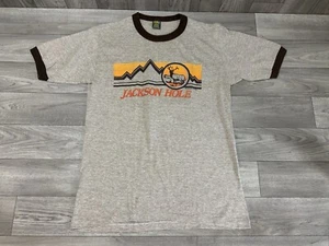 Camicia media vintage Jackson Hole Wyoming Elk Ringer da uomo 1982 Jerzees USA singola st - Foto 1 di 16
