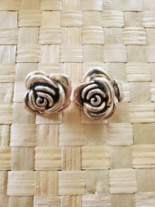 Vtg 9.25 sterling Silver Large Puffy Rose Earrings Peirced 1" - Picture 1 of 7