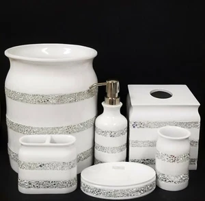 RAYMOND WAITES 6 PCS WHITE RESIN,GLASS MOSAIC DISPENSER,DISH,TRASH CAN,TISSUE,++ - Picture 1 of 9