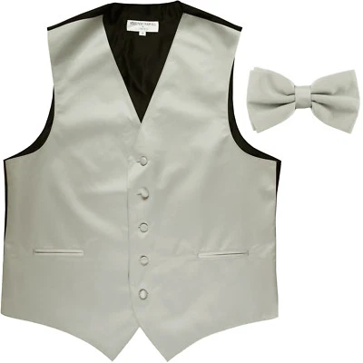 New Men's Formal Vest Tuxedo Waistcoat_pre tie bow tie solid slim fit Silver - Image 1 of 4