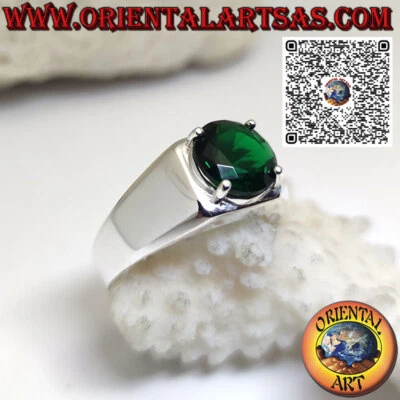 Anello in Argento 925‰  con Smeraldo sintetico tondo incastonato a 4 griffe - Immagine 1 di 4