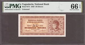 Jugoslawien 20 Dinara 1950 unveröffentlichter Pick-67T EDELSTEIN UNC PMG 66 EPQ - Bild 1 von 2